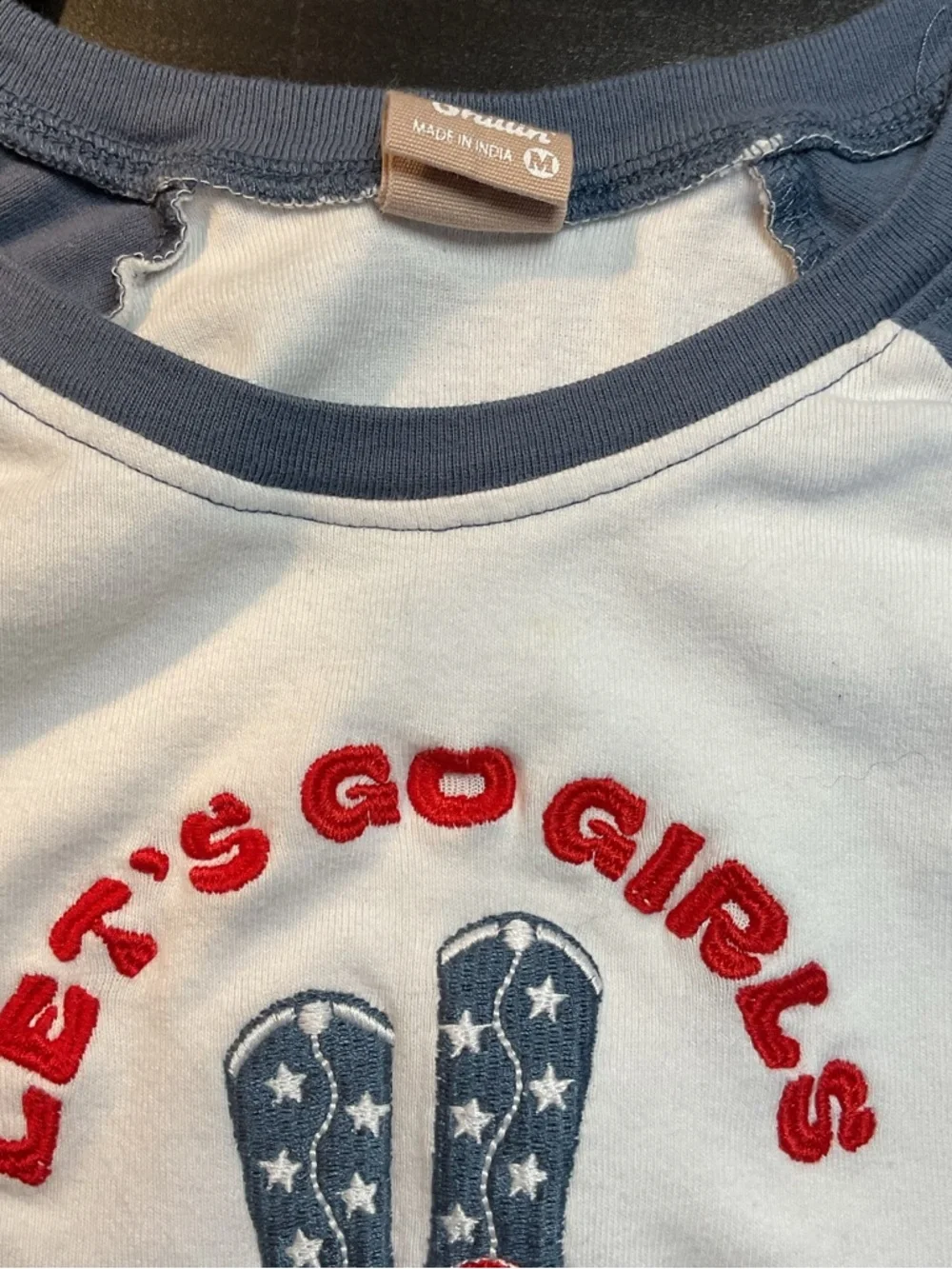 Messy Bun "Let's Go Girls" Raglan Tee Medium White Dusty Blue Cotton Graphic - Picture 4 of 5